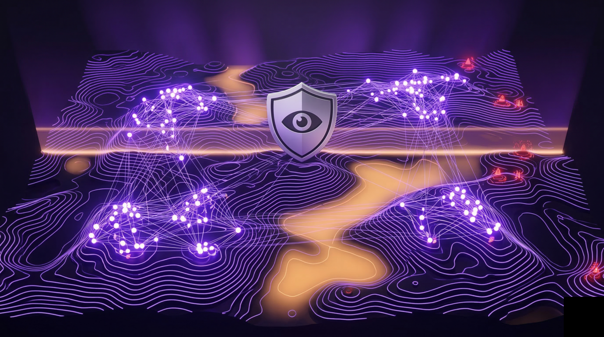 IPSURA intellectual property intelligence module showing patent landscape topography with whitespace detection, citation networks, and competitive threat monitoring